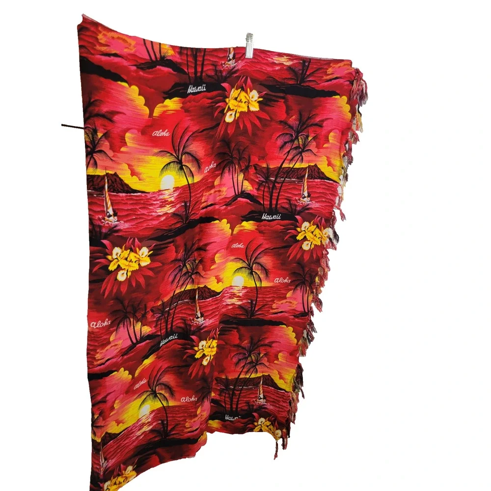 Royal Hawaiian Creations Red Pareo Beach Hawaii Aloha Fringe Dress Scarf 42
